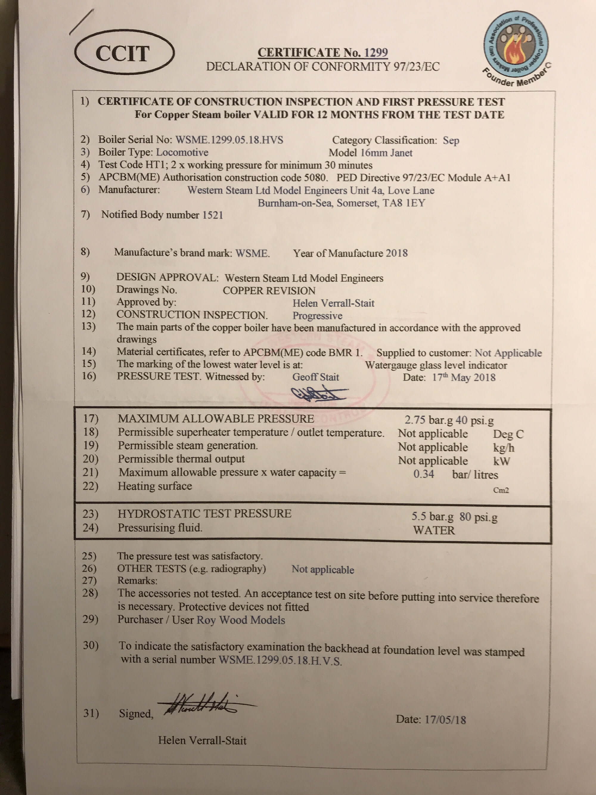Boiler test certificate